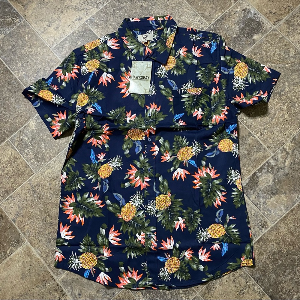 Navy Blue Buttoned Up Palm Tree Short Sleeve Shirt